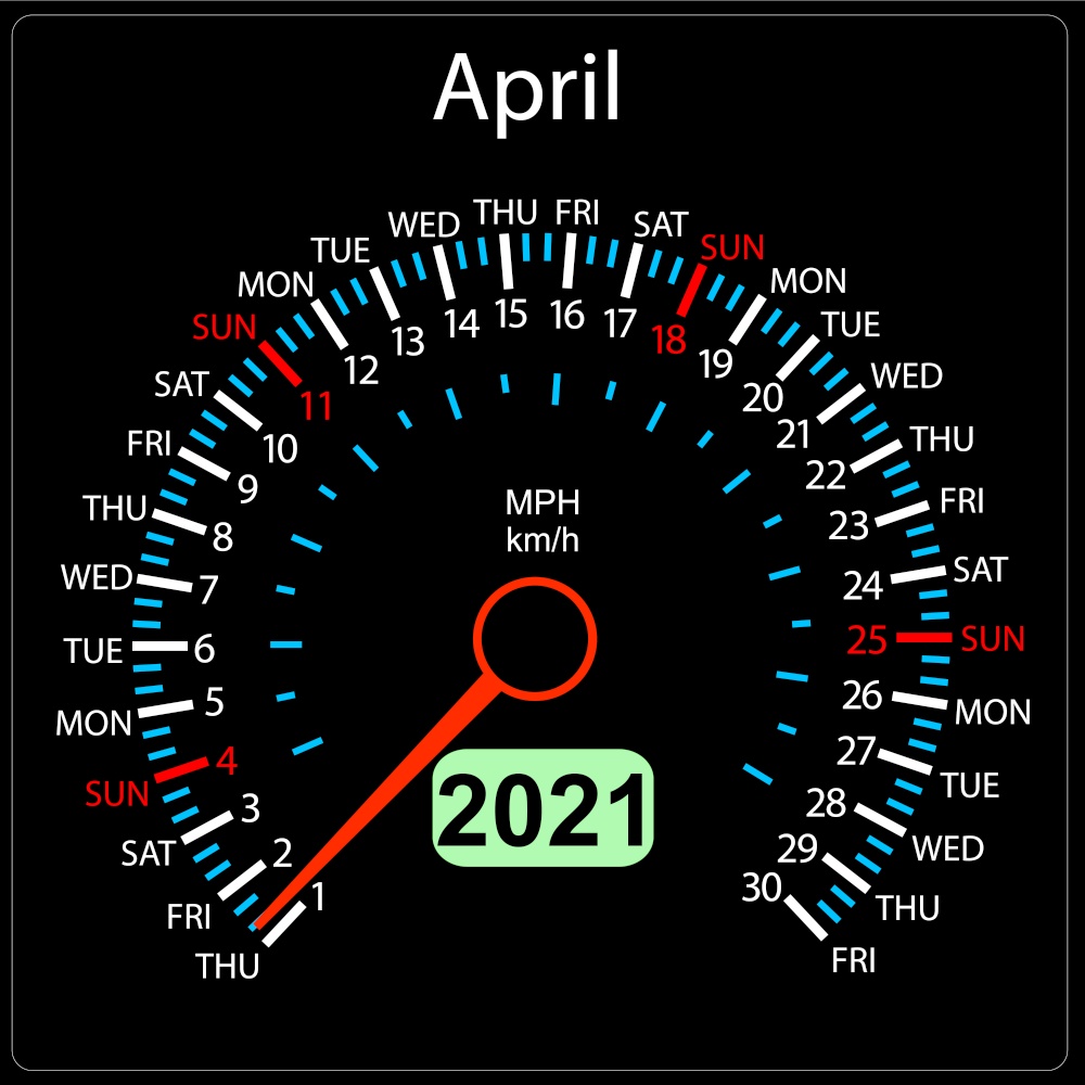 The 2021 year calendar speedometer a car April.. The 2021 year calendar speedometer car April