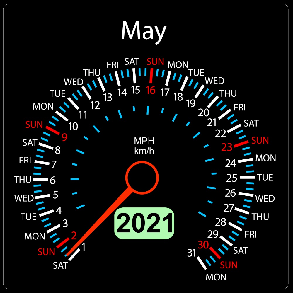 The 2021 year calendar speedometer a car May.. The 2021 year calendar speedometer car May
