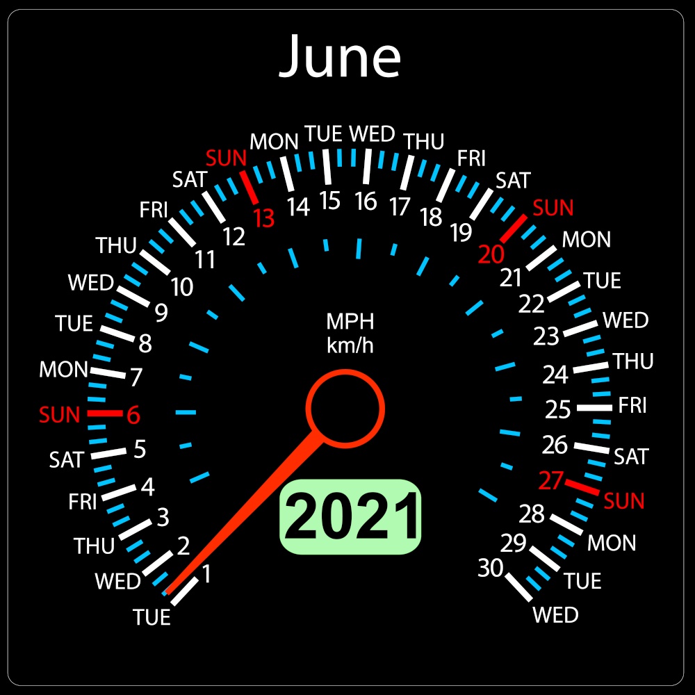 The 2021 year calendar speedometer a car June.. The 2021 year calendar speedometer car June