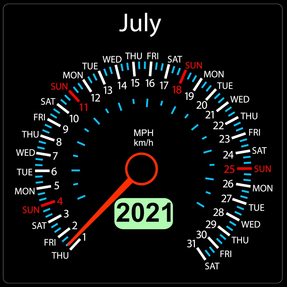 The 2021 year calendar speedometer a car July.. The 2021 year calendar speedometer a car July