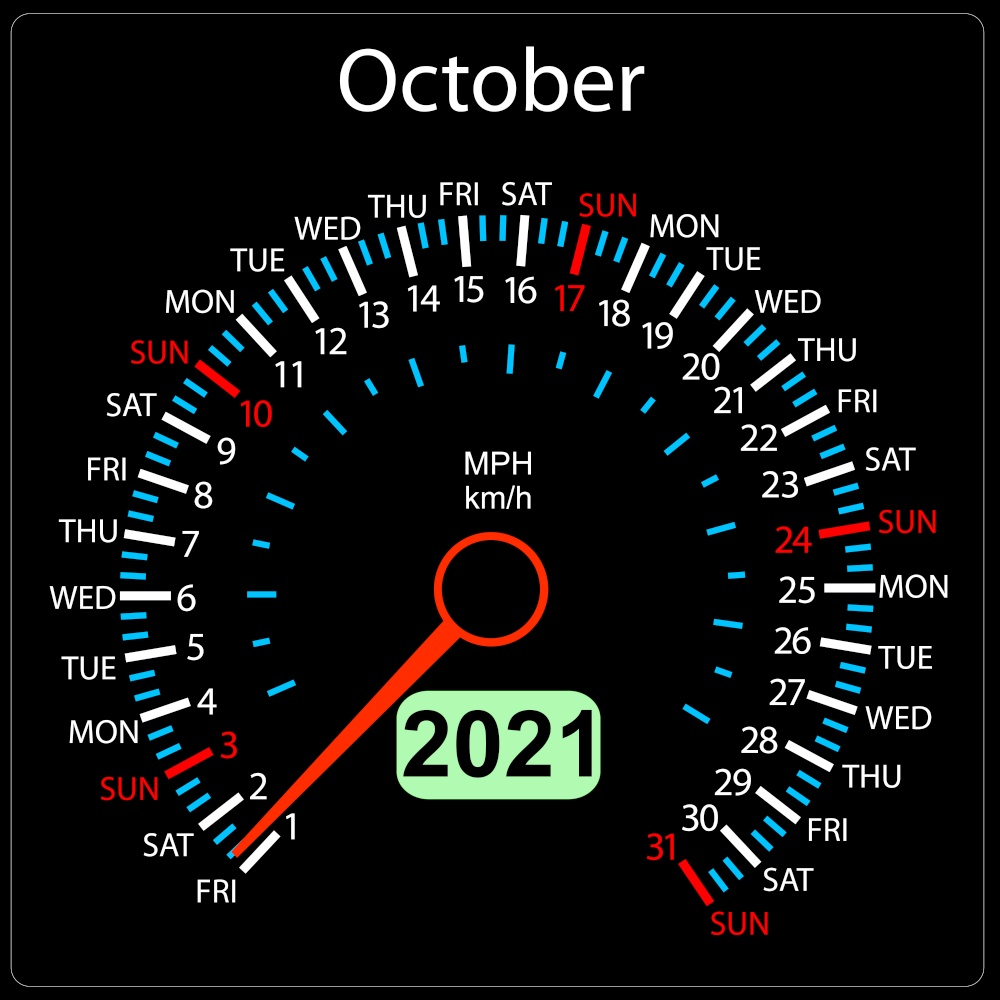 The 2021 year calendar speedometer a car October.. The 2021 year calendar speedometer car October.
