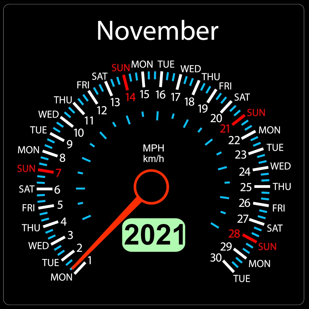 The 2021 year calendar speedometer a car November.. The 2021 year calendar speedometer car November