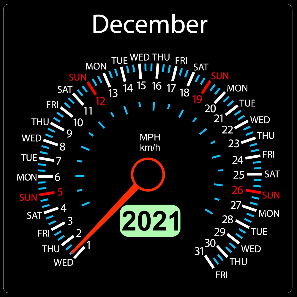 The 2021 year calendar speedometer a car December.. The 2021 year calendar speedometer car December
