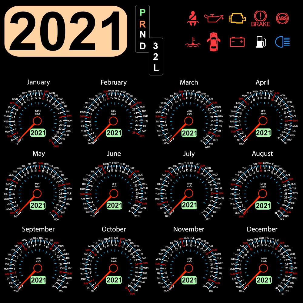 Calendar 2021 year from the car dashboard speedometer.. Calendar 2021 year from the car dashboard speedometer