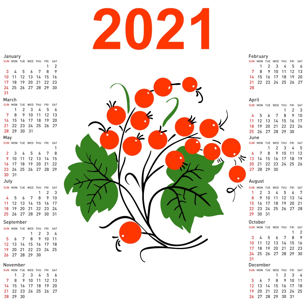 Stylish calendar with flowers for 2021. Week starts on Sunday.. Stylish calendar with flowers for 2021. Week starts on Sunday