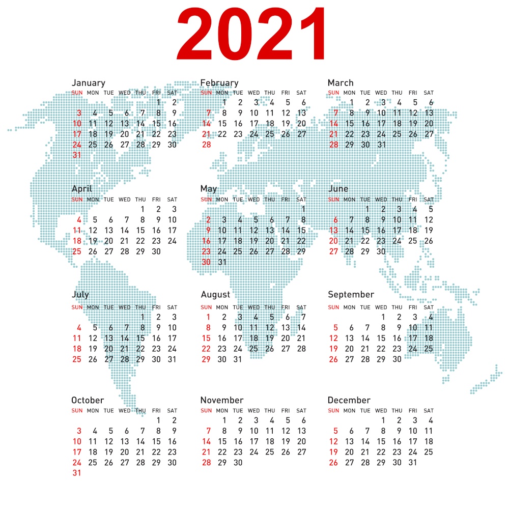 Calendar 2021 with world map. Week starts on Sunday.. Calendar 2021 with world map. Week starts on Sunday