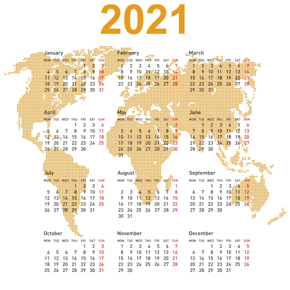 Calendar 2021 with world map. Week starts on Monday.. Calendar 2021 with world map. Week starts on Monday