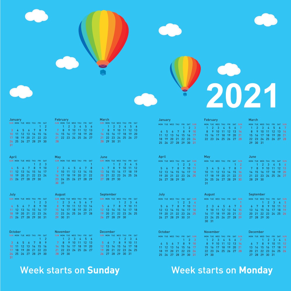 Calendar of 2021 with a balloon against a blue sky.. Calendar of 2021 with a balloon against a blue sky