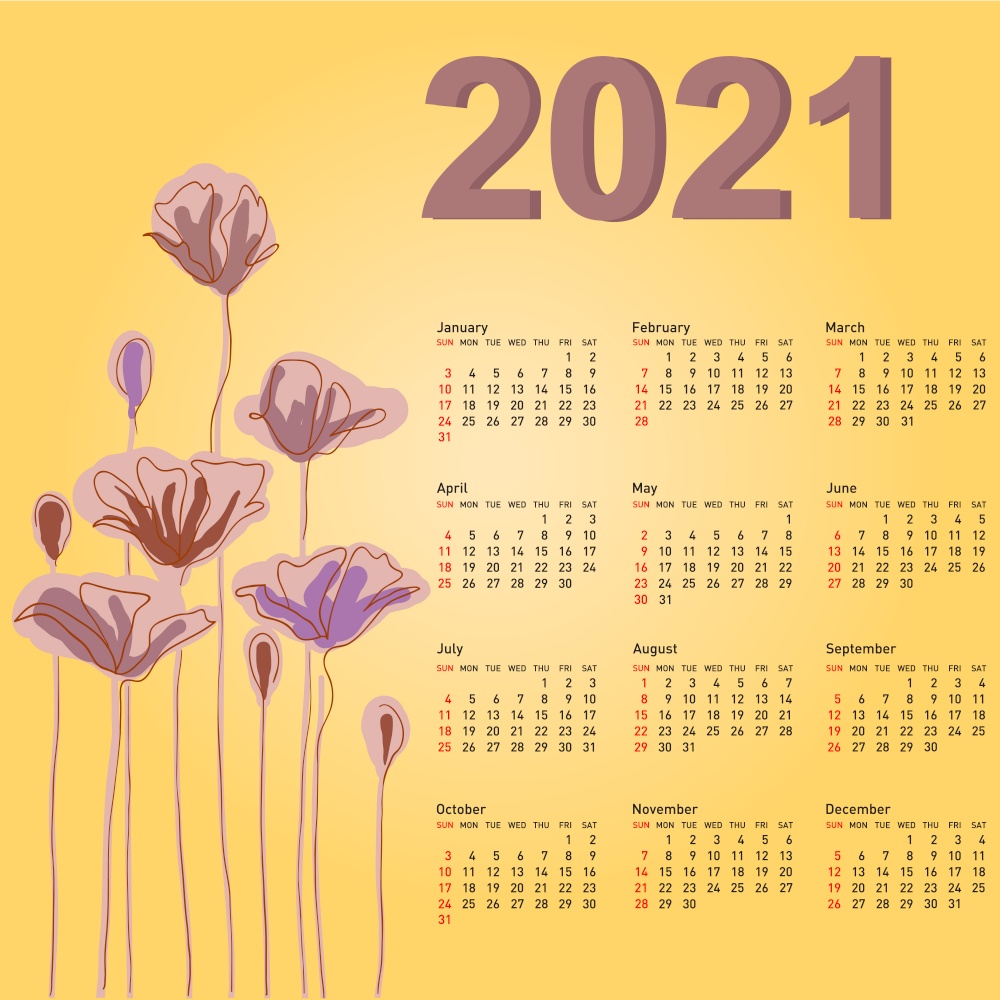 Stylish calendar with flowers for 2021. Week starts on Sunday. Stylish calendar with flowers for 2021 Week starts on Sunday.