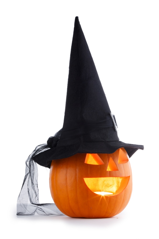 Jack O Lantern Halloween pumpkin with witches hat isolated on white background. Jack O Lantern Halloween pumpkin