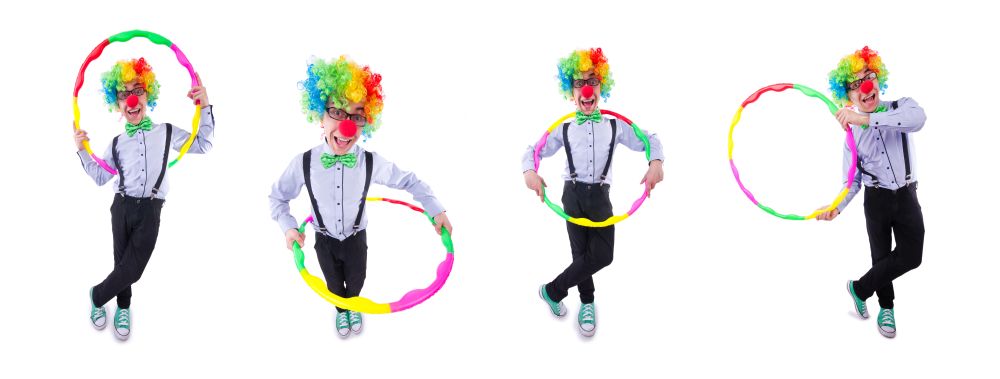 The funny clown with hula hoop on white. Funny clown with hula hoop on white