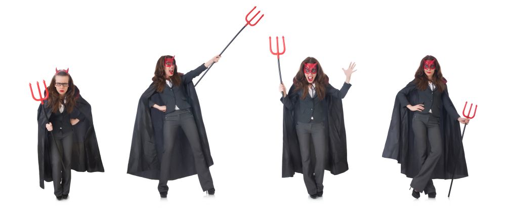 The female wearing devil costume and trident. Female wearing devil costume and trident
