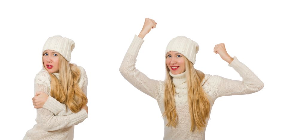 The woman wearing warm clothing on white. Woman wearing warm clothing on white