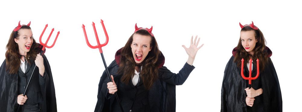 The female wearing devil costume and trident. Female wearing devil costume and trident