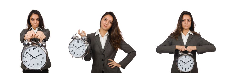 The businesswoman with clock missing her deadlines. Businesswoman with clock missing her deadlines