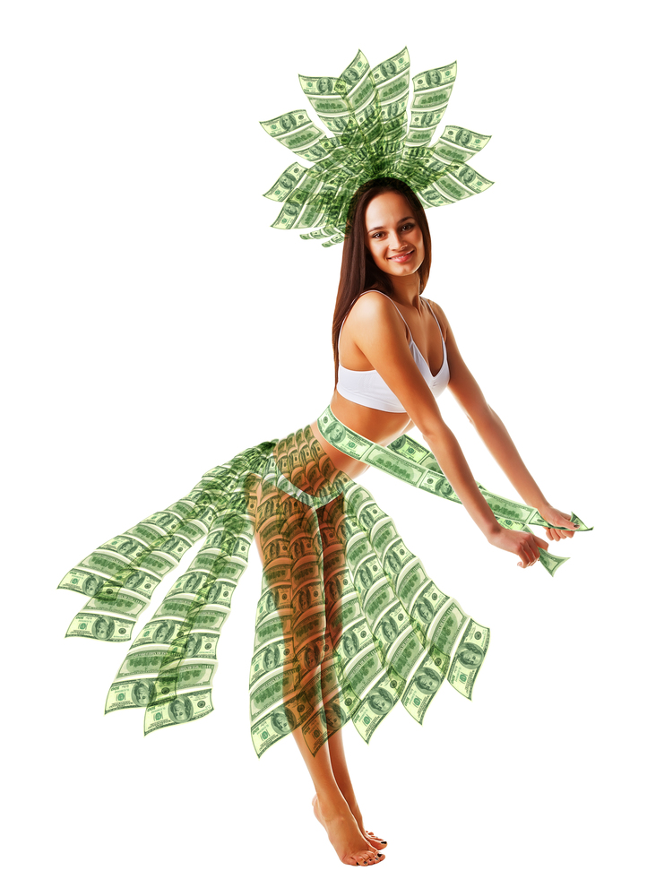 happy woman dancing in money dress on white background