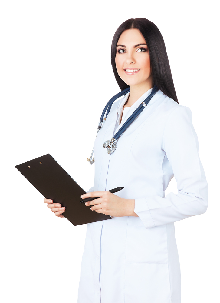 attractive doctor with folder and stethoscope on white background
