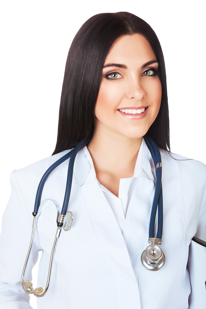 beautiful smiling doctor in white with stethoscope on white background