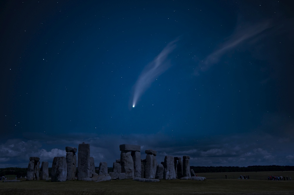 Digital composite image of Neowise Comet over Stonehenge