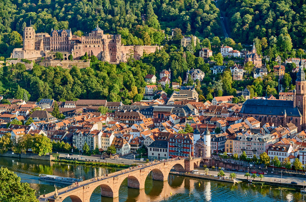 Heidelberg town with old Karl Theodor bridge and castle on Neckar river in Baden-Wurttemberg, Germany