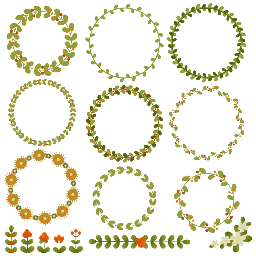 Round floral vector frames and other elements for summer design. Eps 10