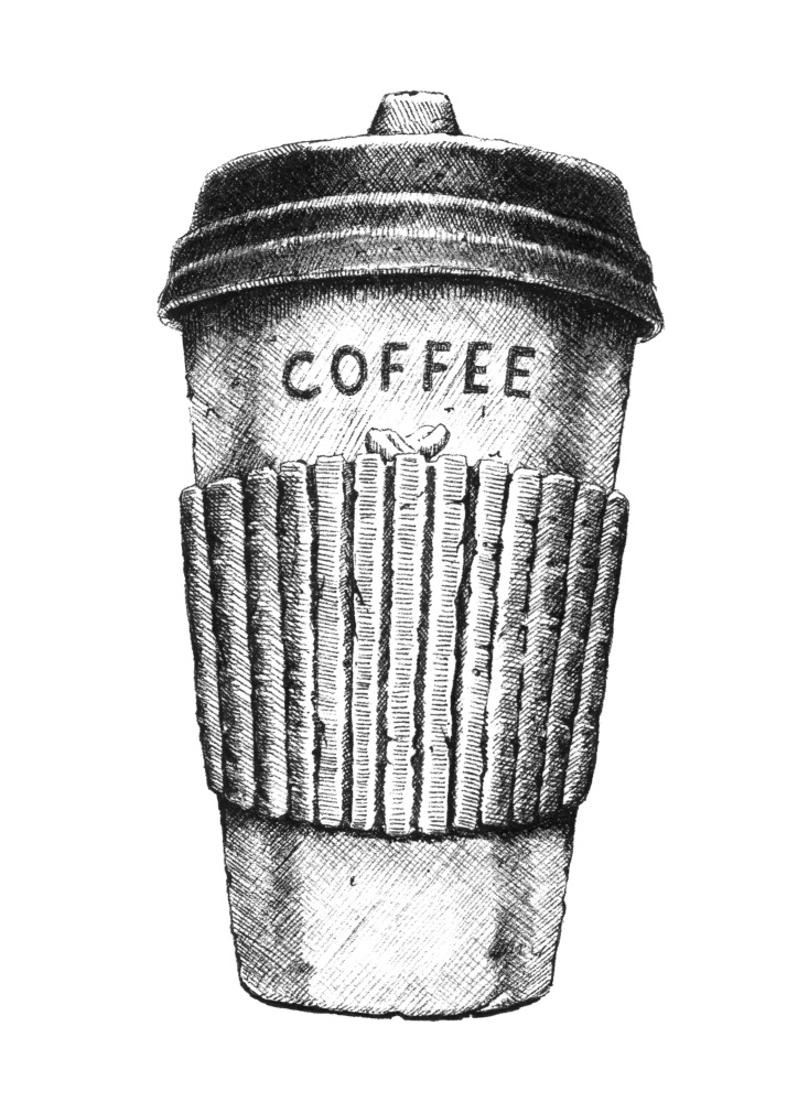 Hand-drawn black and white illustration of takeaway coffee. Jpeg only.