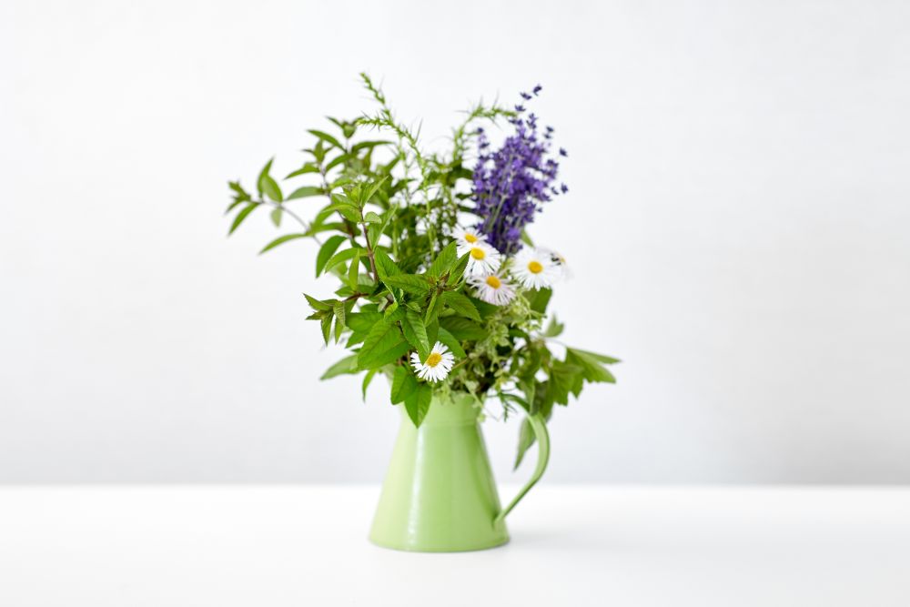 gardening, plants and organic concept - bunch of herbs and flowers in green jug on table. bunch of herbs and flowers in green jug on table