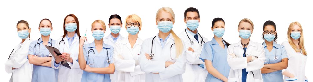 health, medicine and pandemic concept - doctors and nurses wearing protective medical masks on white background. doctors and nurses in protective medical masks
