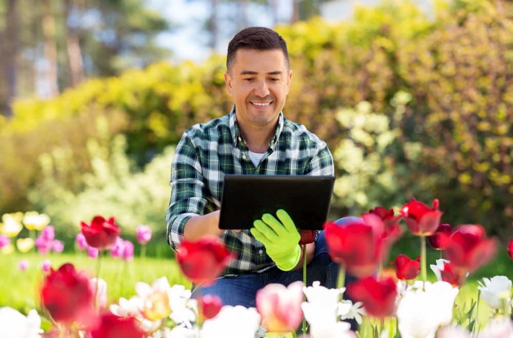 gardening and people concept - happy smiling middle-aged man with tablet pc computer and flowers at summer garden. man with tablet pc and flowers at summer garden