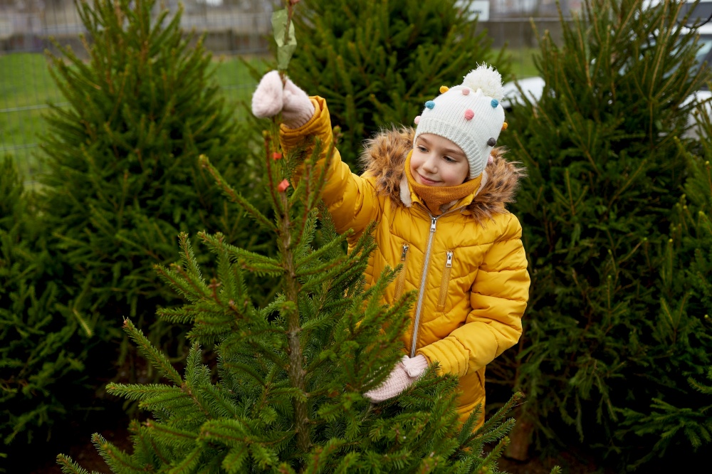 winter holidays and people concept - happy smiling little girl choosing christmas tree at street market. little girl choosing christmas tree at market
