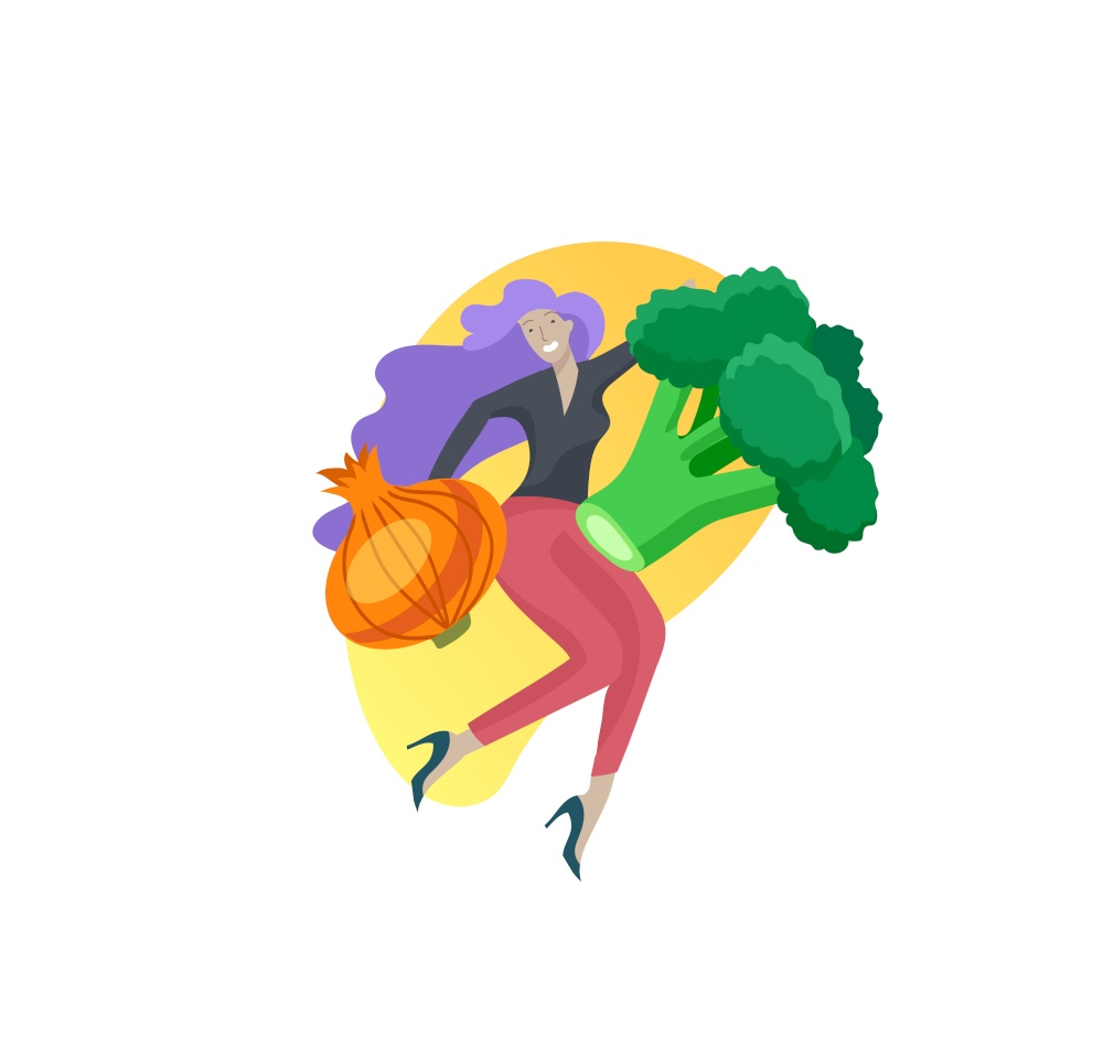 Happy People with vegetables jumping and dansing. Vegetarianism, healthy lifestyle. Veggie recipe, vegetarian diet, meat abstaining, eco friendly. Colorful vector illustration. Happy People with vegetables jumping and dansing. Vegetarianism, healthy lifestyle. Veggie recipe, vegetarian diet, meat abstaining, eco friendly. Colorful vector