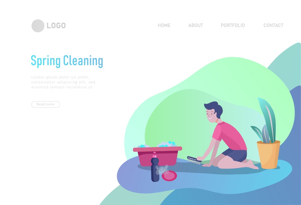 landing page template people home cleaning, washing, cleaning carpet and floor, wipe dust. Vector illustration cartoon style. landing page template people home cleaning, washing dishes, fold clothes, cleaning window, carpet and floor, wipe dust, water flower. Vector illustration cartoon