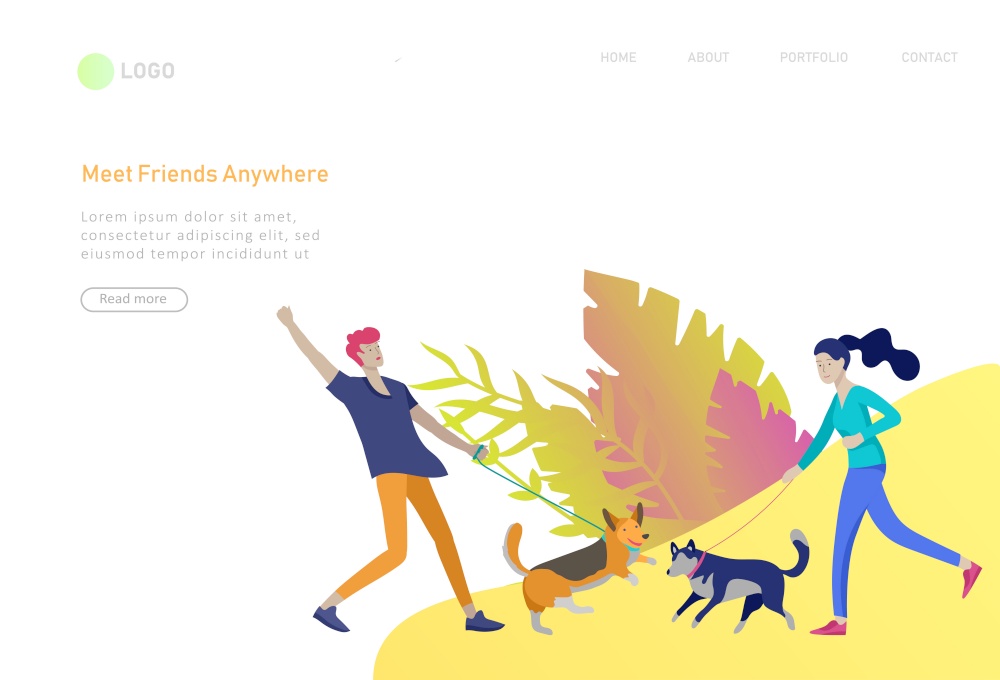 Landing page template with People Spending Time, Relaxing on Nature, man and woman walking dog. Cartoon illustration. Landing page template with People Spending Time, Relaxing on Nature, family with child reading book, walking dog, man sleep on bench, group people listen playing guitar girl. Cartoon