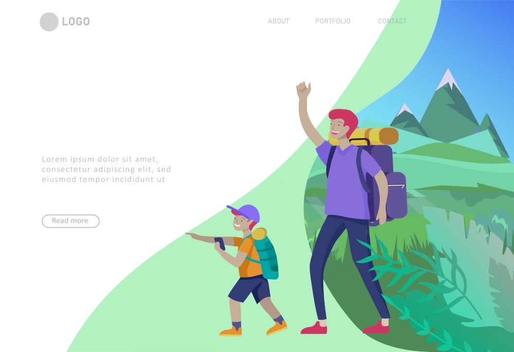 Landing page template with Father with son are hiking. Family performing sports outdoor activities at park or Nature. Cartoon illustration. Landing page template with People group running, man playing tennis, girl doing yoga. Father with son are hiking. Family performing sports outdoor activities at park or Nature. Cartoon