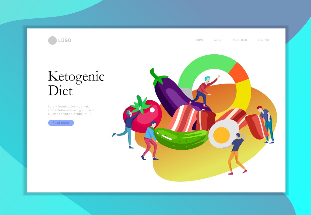 Keto diet landing page template. Cartoon people characters concept with low carb diet chart. Healthy ketogenic state for depression. Organic raw nutrition paleo food caveman lifestyle.. Keto diet landing page template. Cartoon people characters concept with low carb diet chart. Healthy ketogenic state for depression. Organic raw nutrition paleo food caveman