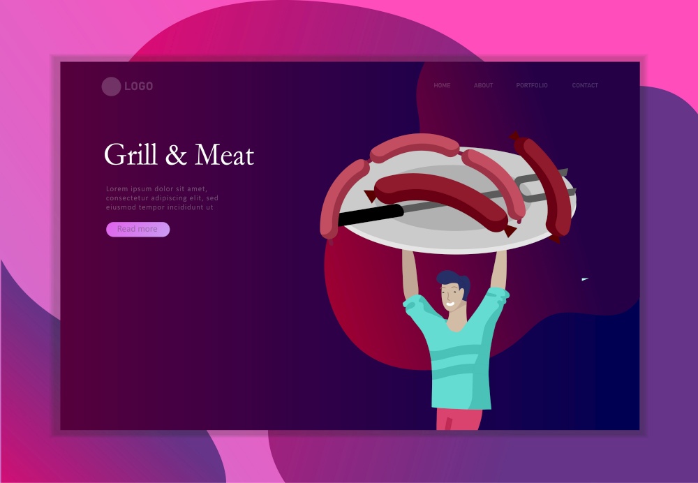 Landing page template people preparing barbecue. BBQ party. People grilling meat. Conceptual Modern and Trendy colorful vector illustration. Web template.. Landing page template people preparing barbecue. BBQ party. People grilling meat. Conceptual Modern and Trendy colorful vector illustration
