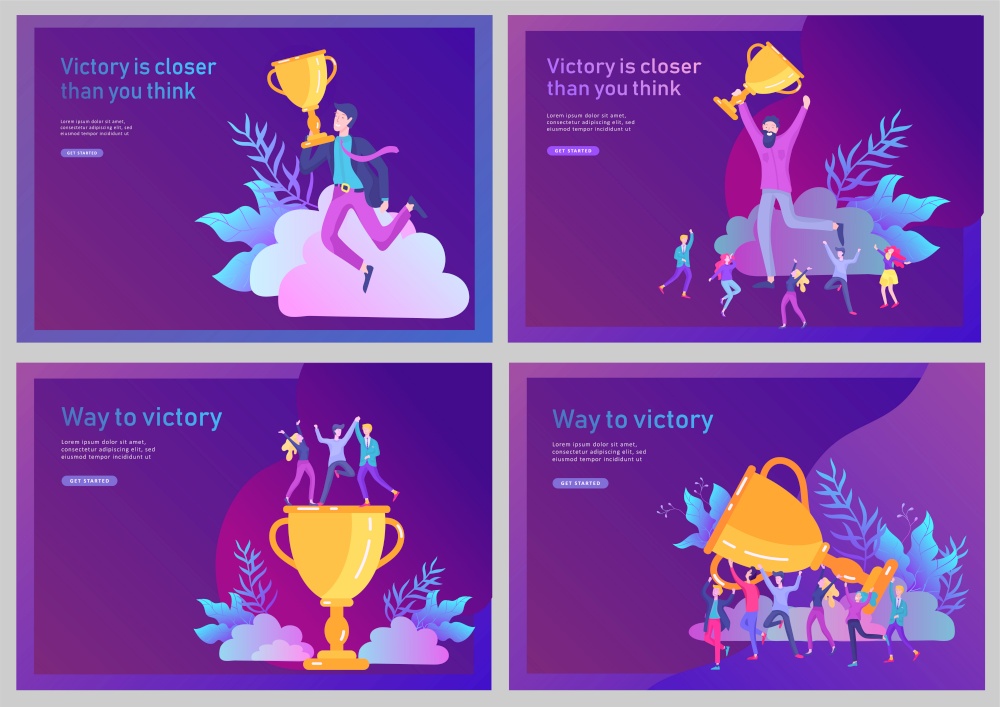Landing page template set. Business Team Success hold Golden winner cup, concept of people are happy with victory. Office Workers Celebrating with Big Trophy, ways goals. Landing page template set. Business Team Success hold Golden winner cup, concept of people are happy with victory. Office Workers Celebrating with Big Trophy