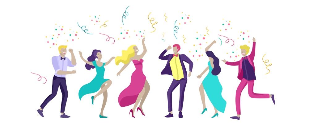 Group of smiling young people or students in evening dresses and tuxedos, happy Jumping and dansing. Prom party, prom night invitation, promenade school dance concept. Vector illustration concept. Group of smiling young people or students in evening dresses and tuxedos, happy Jumping and dansing. Prom party, prom night invitation, promenade school dance concept. Vector