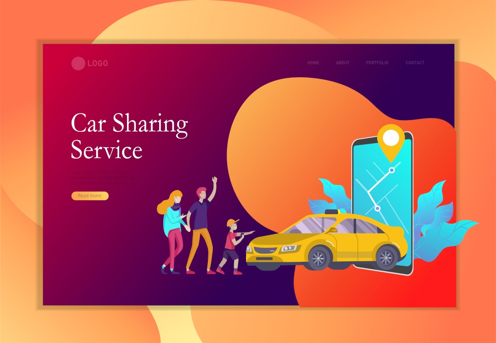 Landing page template mobile city transportation, online car sharing with cartoon family people character and smartphone, online carsharing. Vector flat style illustration. Landing page template mobile city transportation, online car sharing with cartoon family people character and smartphone, online carsharing. Vector flat style