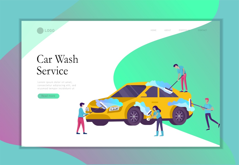 Landing page template people cartoon characters cleaning vehicle with special equipment. Car wash service, automatic carwash concept. Vector flat style illustration. Landing page template cleaning vehicle with special equipment. Car wash service, automatic carwash concept. Vector flat style