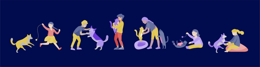Vector illustration set of children with cats and dog. Happy, funny kids playing, love and taking care of kittens, pet animals in flat cartoon style.. Vector illustration set of children with cats and dog. Happy, funny kids playing, love and taking care of kittens, pet animals in flat cartoon