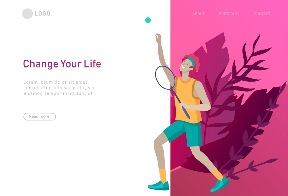 Landing page template with man doing tennis workout. People performing sports outdoor activities at park or Nature. Cartoon illustration. Landing page template with People group running, riding bicycles, tennis workout, doing yoga. Family and children performing sports outdoor activities at park or Nature. Cartoon