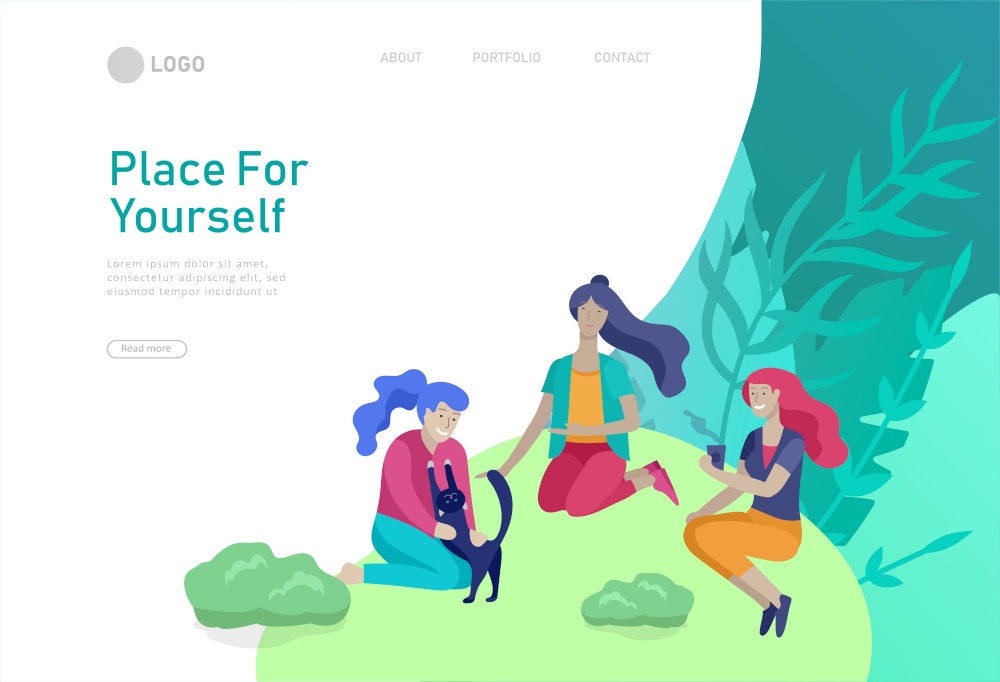 Landing page template with People Spending Time, Relaxing on Nature concept. Womans friends have picnic, talking, drink coffee and play with cat. Cartoon style vector illustration. Landing page template with People Spending Time, Relaxing on Nature concept. Womans friends have picnic, talking, drink coffee and play with cat. Cartoon style vector