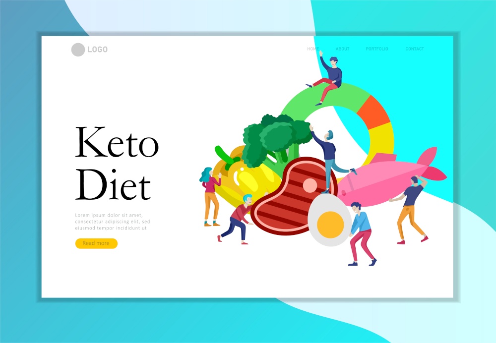 Keto diet landing page template. Cartoon people characters concept with low carb diet chart. Healthy ketogenic state for depression. Organic raw nutrition paleo food caveman lifestyle.. Keto diet landing page template. Cartoon people characters concept with low carb diet chart. Healthy ketogenic state for depression. Organic raw nutrition paleo food caveman