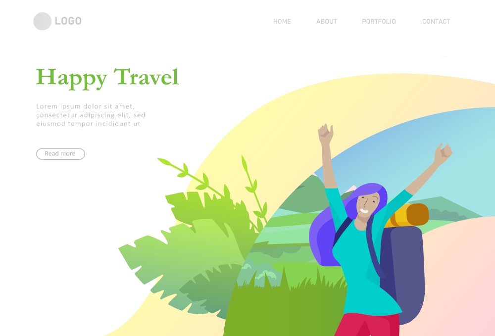 landing page template. People characters woman for hiking and trekking, holiday travel vector, hiker and tourism illustration. Happy Tourists travelling. Vector cartoon style illustration. landing page template. People characters woman for hiking and trekking, holiday travel vector, hiker and tourism illustration. Happy Tourists travelling. Vector cartoon style