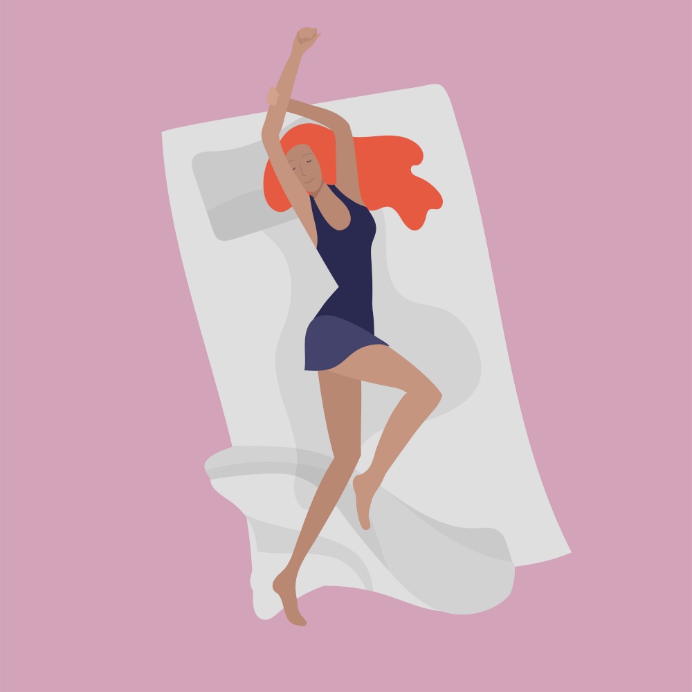 Sleeping woman character. Girl are sleep in bed alone in relax pose. Top view. Colorful vector illustration. Sleeping woman character. Girl are sleep in bed alone in relax pose. Top view. Colorful vector