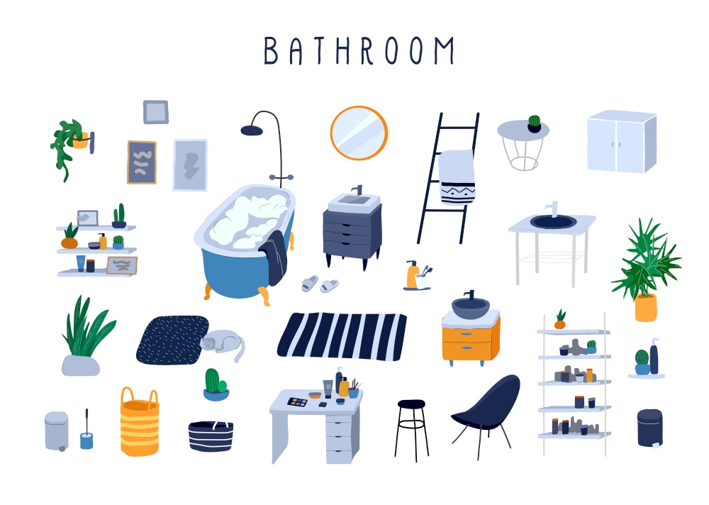 Set for bathroom with stylish comfy furniture and modern home decorations in trendy Scandinavian or hygge style. Cozy Interior furnished home plants. Flat cartoon vector illustration. Set for bathroom with stylish comfy furniture and modern home decorations in trendy Scandinavian or hygge style. Cozy Interior furnished home plants