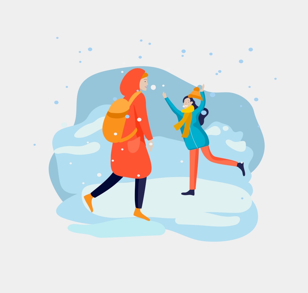 Various stylish people character go on street in warm clothes. Winter snowfall weather. Happy New Year. Colored trendy cartoon vector illustration. Various stylish people character go on street under umbrellas in warm clothes. Autumn rainy weather. Colored trendy cartoon