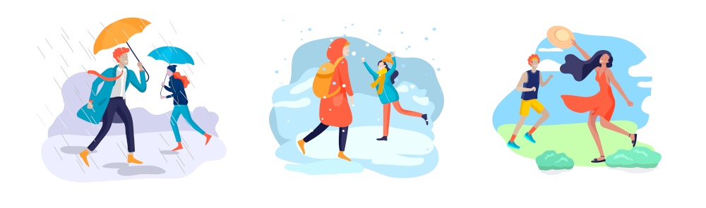 People character in various weather conditions. Man and woman in seasonal clothes and enjoys walking on street in rain, snowfall, summer heat. Colorful vector cartoon illustration. Young woman with her dog in various weather conditions. Girl in seasonal clothes and enjoys walking on street in rain, snowfall, summer heat