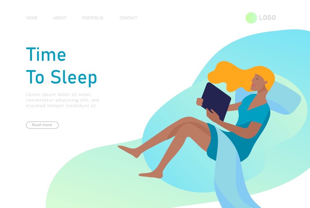Sleeping character girl landing page template. The woman sleeps in bed alone in different poses, different poses during a night sleep. View from above. Colorful vector illustration.. Sleeping character girl landing page template. The woman sleeps in bed alone in different poses, different poses during a night sleep. View from above. Colorful vector